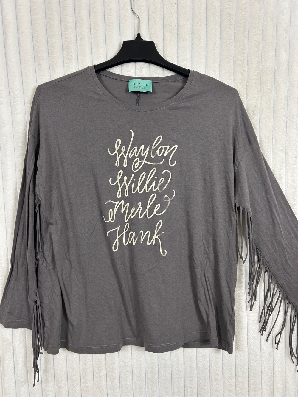 Judith March Charcoal Gray Fringe Long-Sleeve country western music Tee L